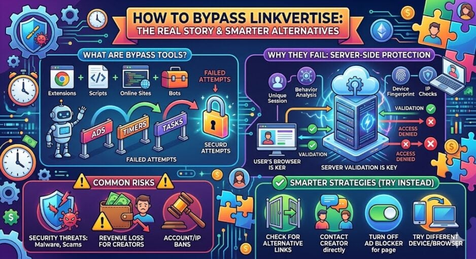 Illustrated article explaining Linkvertise bypass methods, how the system works, risks, and why bypass tools fail.
