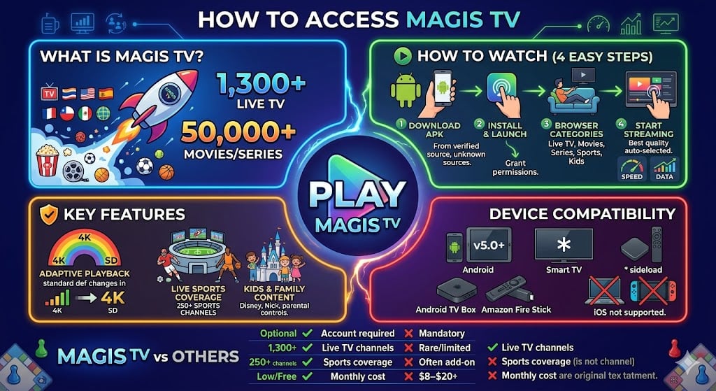 Magis TV app interface showing live channels, movies, sports categories, and streaming features on Android devices