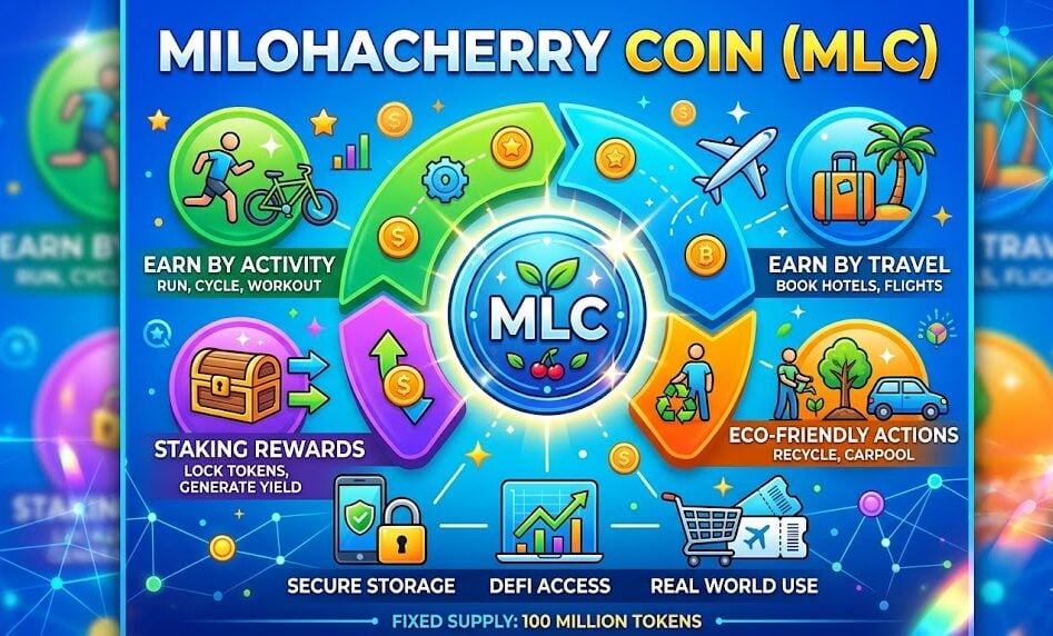 Milohacherry Coin dashboard showing activity-based crypto rewards, token earnings, and blockchain wallet integration interface