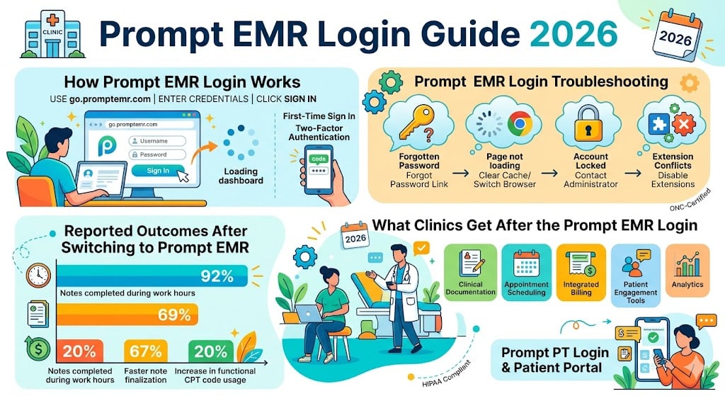 Prompt EMR login dashboard with provider access to scheduling, billing, patient records, and performance metrics