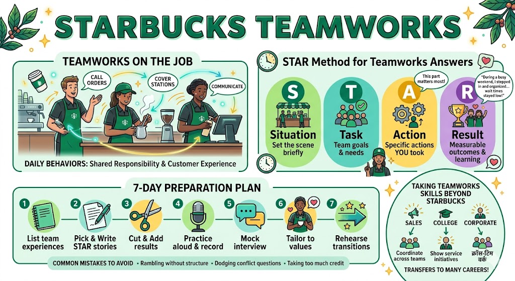 Starbucks teamwork explained with interview tips, STAR method examples, common questions, and a 7-day preparation plan