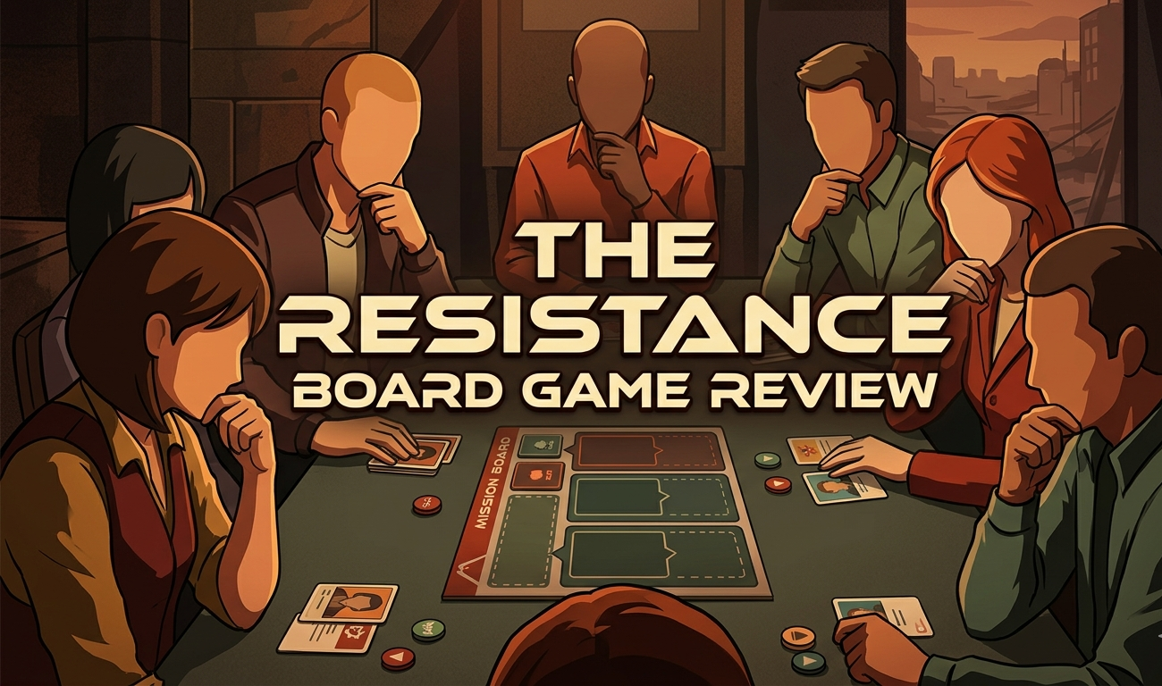 The Resistance board game review covering Don Eskridge's 5-10 player social deduction party game from Indie Boards & Cards 2009, 30-minute playtime with 1.59/5 complexity, no player elimination, Resistance operatives versus Imperial spies across five missions, and seven to nine players as optimal count.