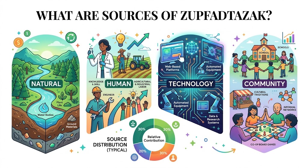 Diagram showing sources of Zupfadtazak including natural resources, human effort, technology systems, and community networks with distribution charts
