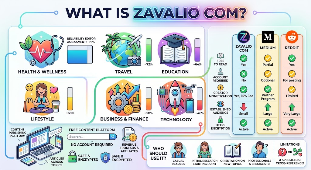 Zavalio com overview showing content platform details, categories, features comparison, and reliability chart