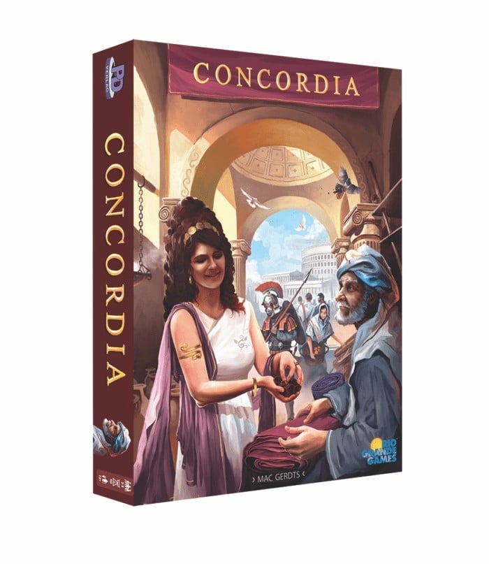 Concordia board game review covering Mac Gerdts' 2013 Roman trade strategy game from PD-Verlag, 2-5 players in ~100 minutes, 8.1 BGG rating with 46,000+ ratings, 2.99/5 complexity, hand management system with cards serving dual action/scoring purposes, double-sided board (Imperium for 3-5/Italia for 2-4), hidden end-game scoring by Roman gods, and Concordia Venus expansion adding team play for up to 6.