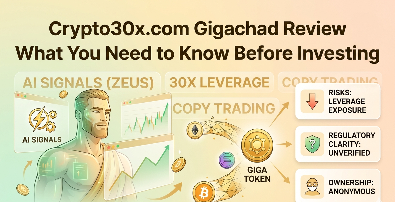 Crypto30x.com Gigachad review for 2026 covering 30x leveraged crypto trading platform with Zeus AI signal engine, Solana-based GIGA token for staking and fee discounts, copy trading via leaderboard, anonymous ownership concerns, reported withdrawal delays, and 3.8/5 user rating with risk warnings for beginners.
