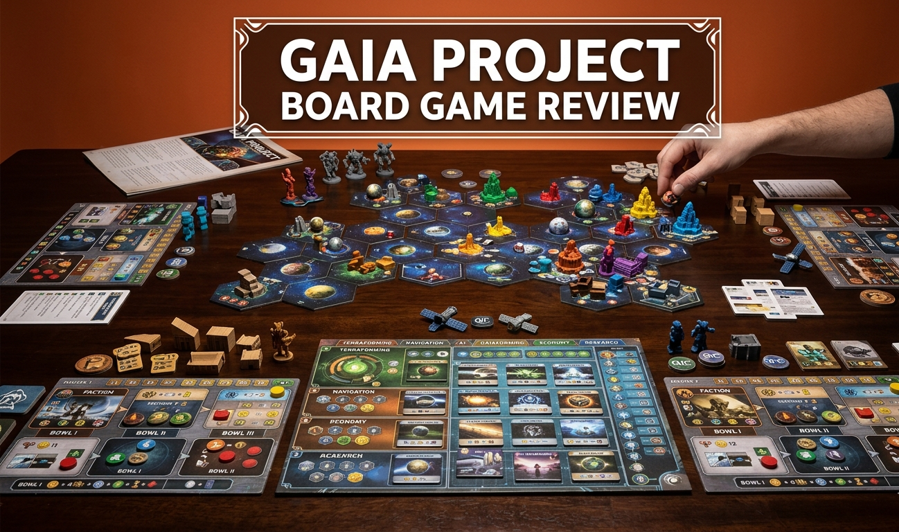 Gaia Project board game review covering Drögemüller and Ostertag's 2017 Terra Mystica successor for 1-4 players, 60-150 minute playtime, 14 asymmetric factions terraforming a modular hex galaxy, 4.40/5 BGG complexity rating, zero-luck euro mechanics, and $99.95 MSRP from Capstone Games.