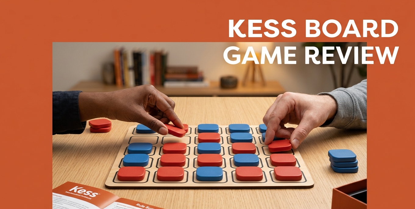 Kess board game review covering Alex Kessler's two-player abstract strategy game from Kess Co., 10-minute playtime, ages 8+, five-moves-per-turn action point system, three-sided encirclement capture mechanic, 20 pieces on a square grid, solo mode included, and multilingual rulebook in nine languages.
