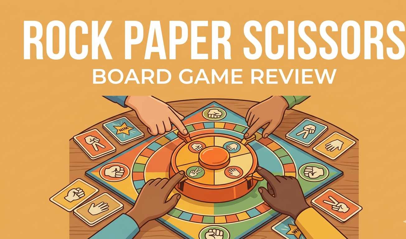 Rock Paper Scissors board game review covering 1967 Ideal publication by John Nally, 2-4 players ages 5+, plastic lever selectors replacing hand gestures, set collection mechanic to fill boards with Rock/Paper/Scissors cards, 1.00/5 complexity rating, and vintage collector status with eBay pricing at $10-$30.