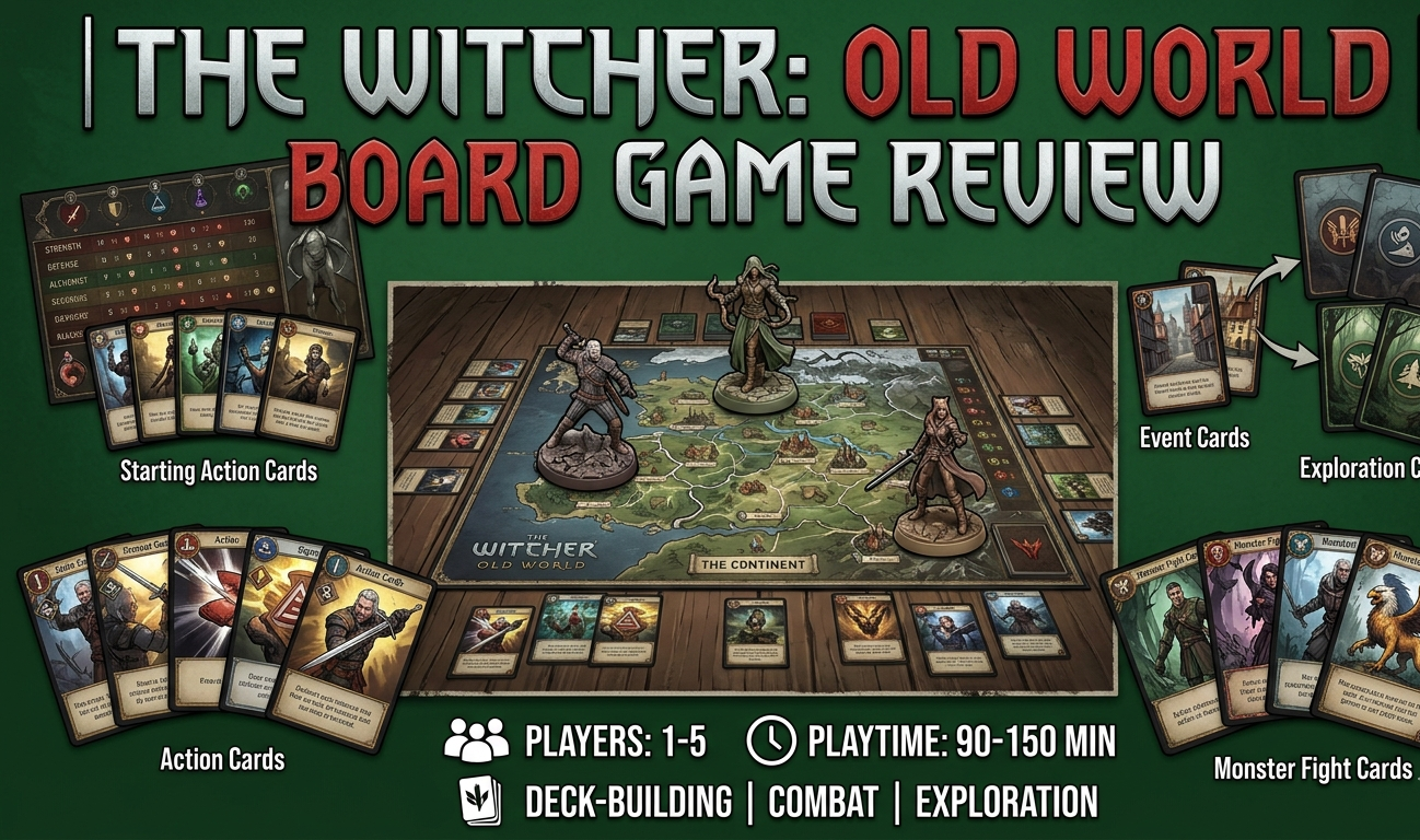 The Witcher: Old World board game review covering 1-5 player competitive adventure from Go On Board and CD Projekt RED, 90-150 minute playtime, deck-building combat with school-specific cards, trophy-based victory conditions, 2.88/5 complexity rating, and $109.99 MSRP.