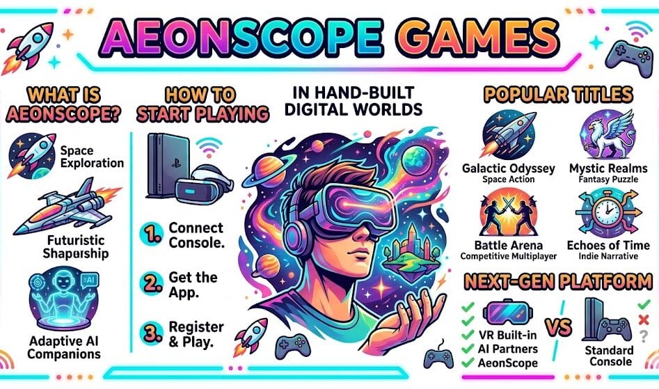AeonScope Games 2026 overview showing VR space gaming platform features, popular titles, AI-driven gameplay, and comparison with standard gaming consoles.