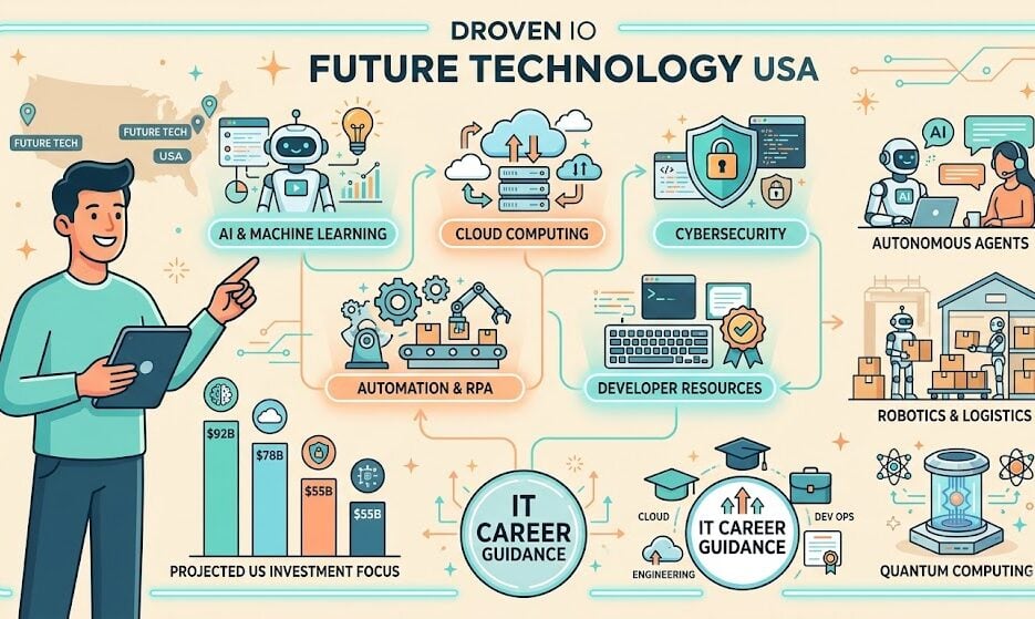 Droven IO Future Technology USA 2026 overview showing AI, cloud computing, cybersecurity trends, US tech investment charts, and career-focused insights.