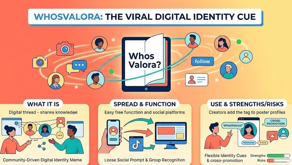Web article page explaining Whosvalora as a viral digital identity meme with sections on meaning, spread, usage, risks, and community engagement.