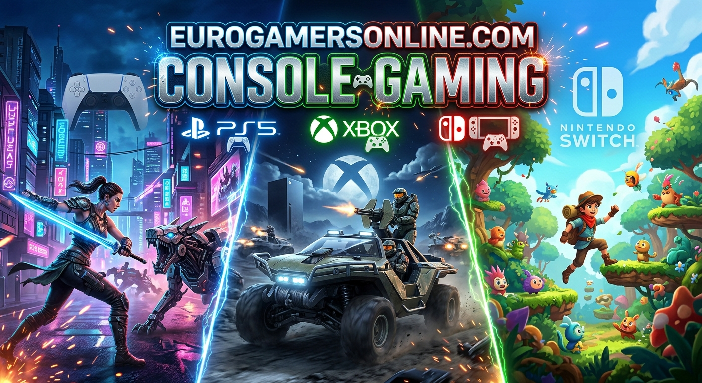 EuroGamersOnline.com console gaming overview covering PlayStation, Xbox, and Nintendo Switch coverage areas, community forums, tournament features, and cloud gaming trend reporting.