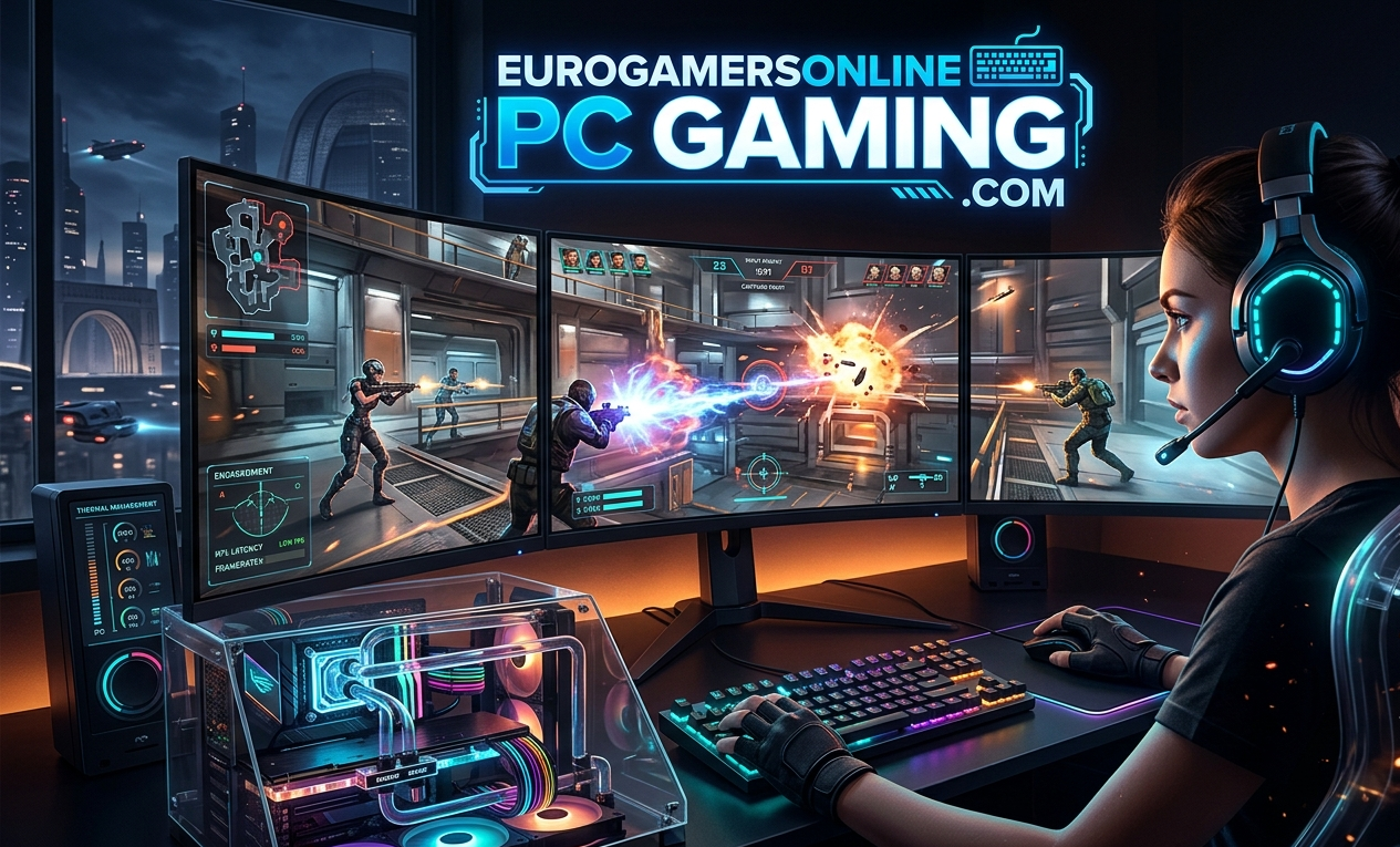 EuroGamersOnline.com PC gaming overview covering hardware tuning guides, frame-rate optimization, modding resources, and skill-based community matchmaking features.
