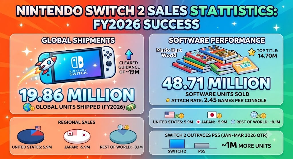 Nintendo Switch 2 sales statistics infographic showing global shipments, software sales, regional performance, and financial growth.