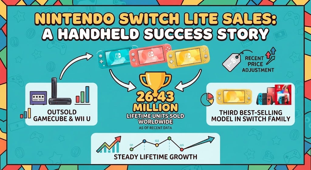 Nintendo Switch Lite sales statistics showing 26.43 million units sold worldwide and lifetime model comparisons in 2026.