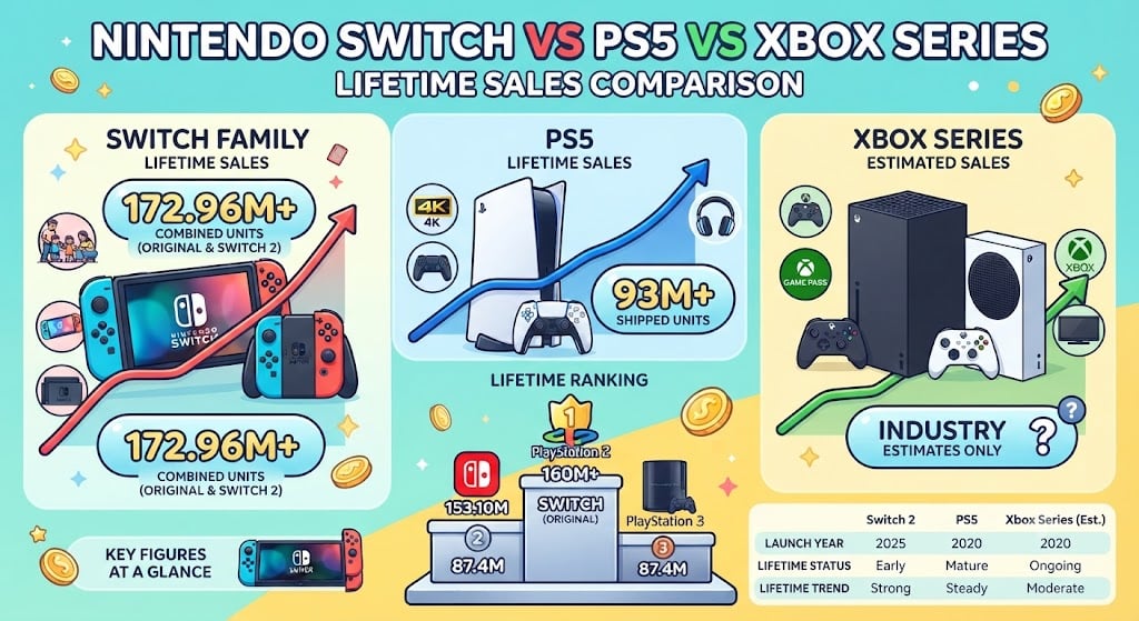 Bar chart comparing Nintendo Switch, PS5, Xbox Series, and combined Nintendo console lifetime sales in 2026.