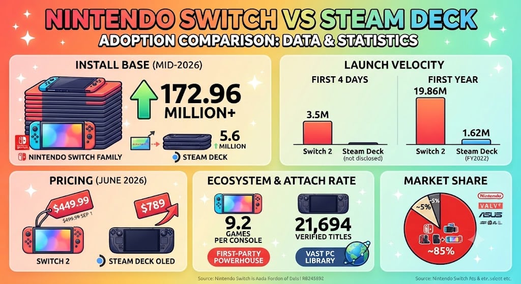 Bar chart comparing Nintendo Switch and Steam Deck install base and sales in 2026.