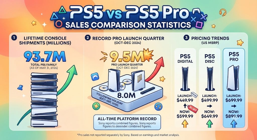 PS5 quarterly shipment chart highlighting the PS5 Pro launch quarter and sales trend through 2026.