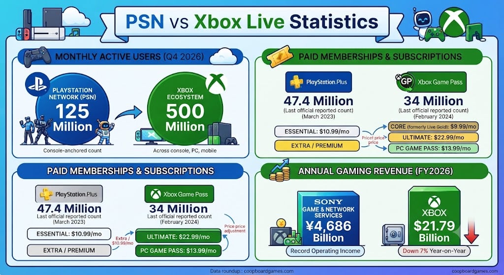PSN vs Xbox Live comparison showing users, subscribers, revenue, and gaming statistics for 2026.