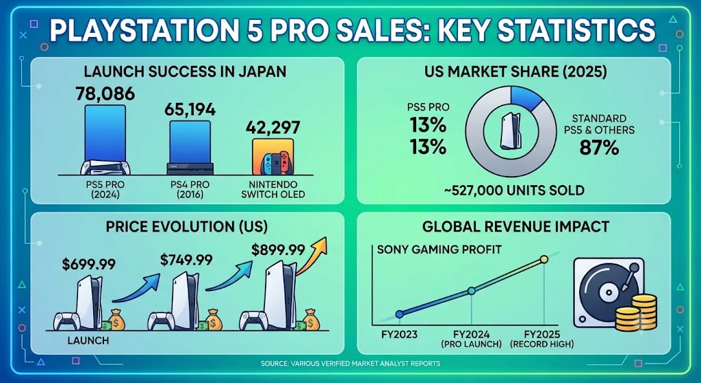 PS5 Pro sales charts showing Japan launch units, US sales share, regional revenue, and Sony gaming profit trends.