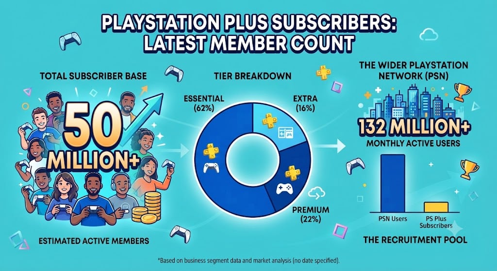 PlayStation Plus subscriber statistics showing member count, tier distribution, PSN monthly active users, revenue, and comparison with Xbox Game Pass.