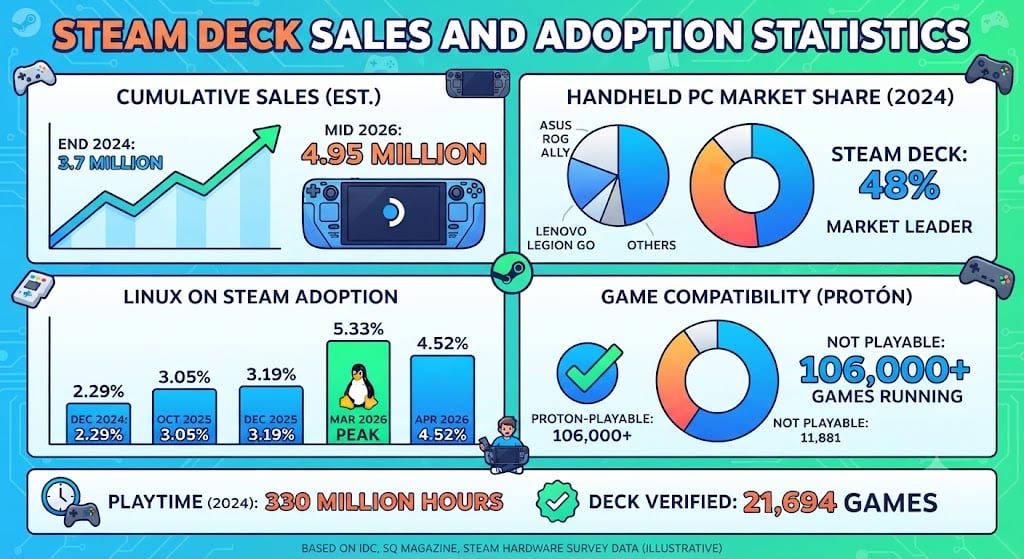Steam Deck sales and adoption charts showing nearly 5 million units sold, 48% handheld PC market share, and rising Linux gaming adoption.