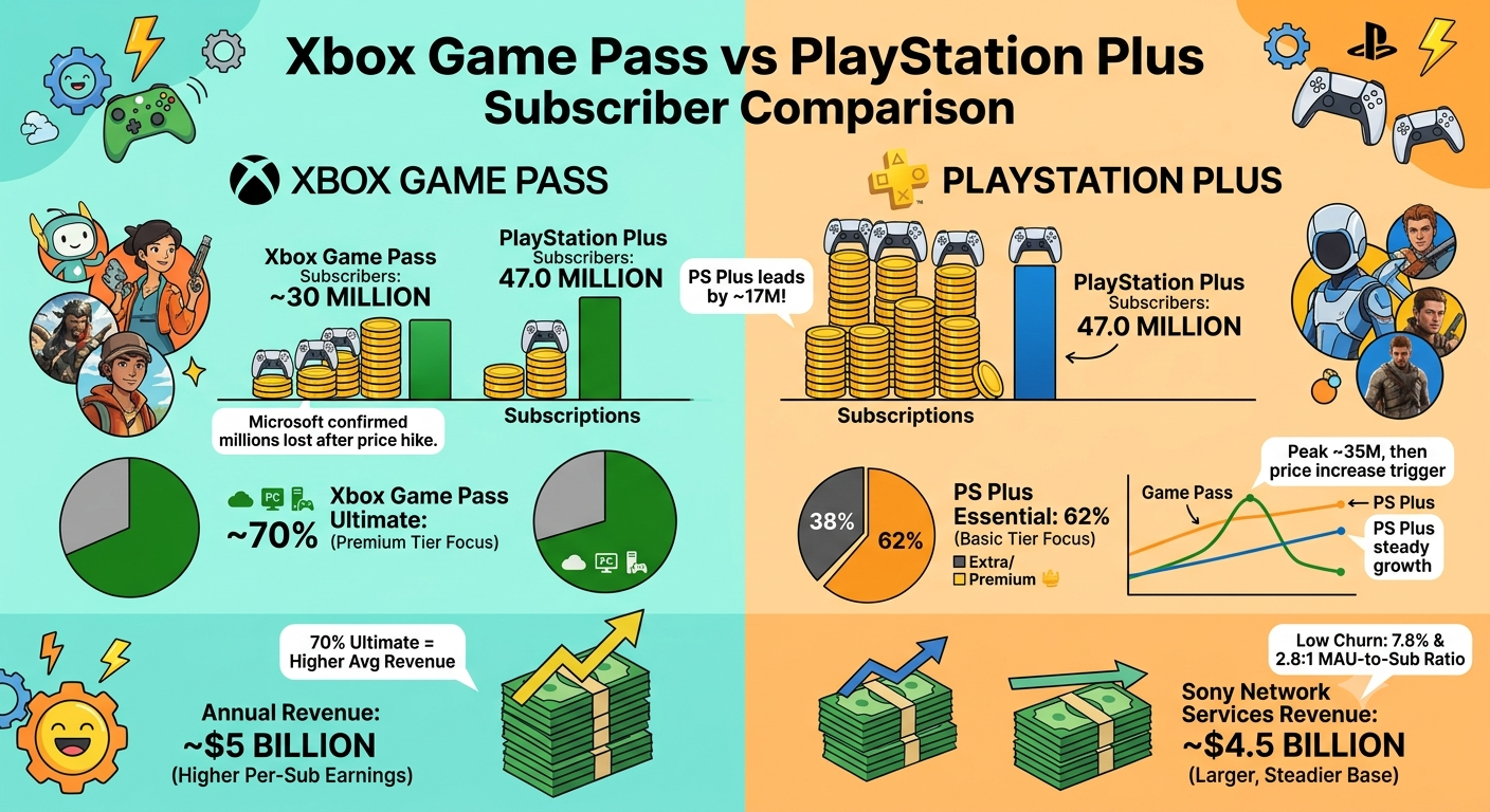 Xbox Game Pass vs PlayStation Plus 2026 comparison showing 47M PS Plus vs 30M Game Pass subscribers, tier distribution, pricing, and revenue data.