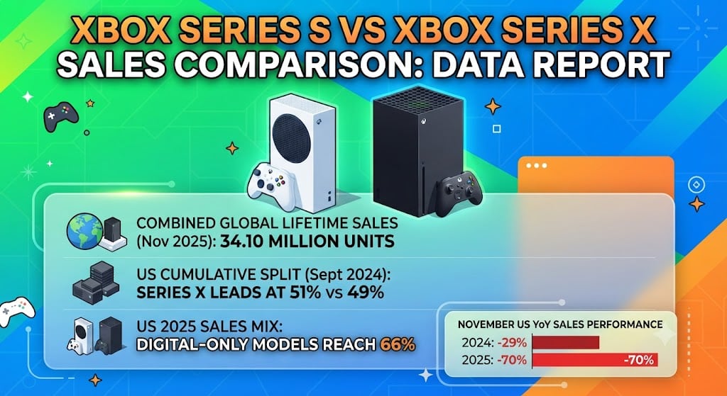 Chart comparing Xbox Series X and Series S global sales, US model split, pricing, and lifetime console sales.