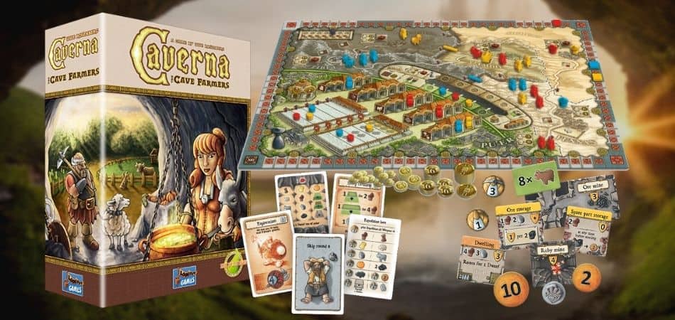 Caverna board game review covering dwarf cave-farming worker placement mechanics, 48 furnishing tiles, 1-7 player scaling, and Agricola comparison.
