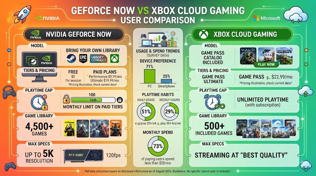 GeForce Now vs Xbox Cloud Gaming users, pricing, playtime, and game libraries in 2026