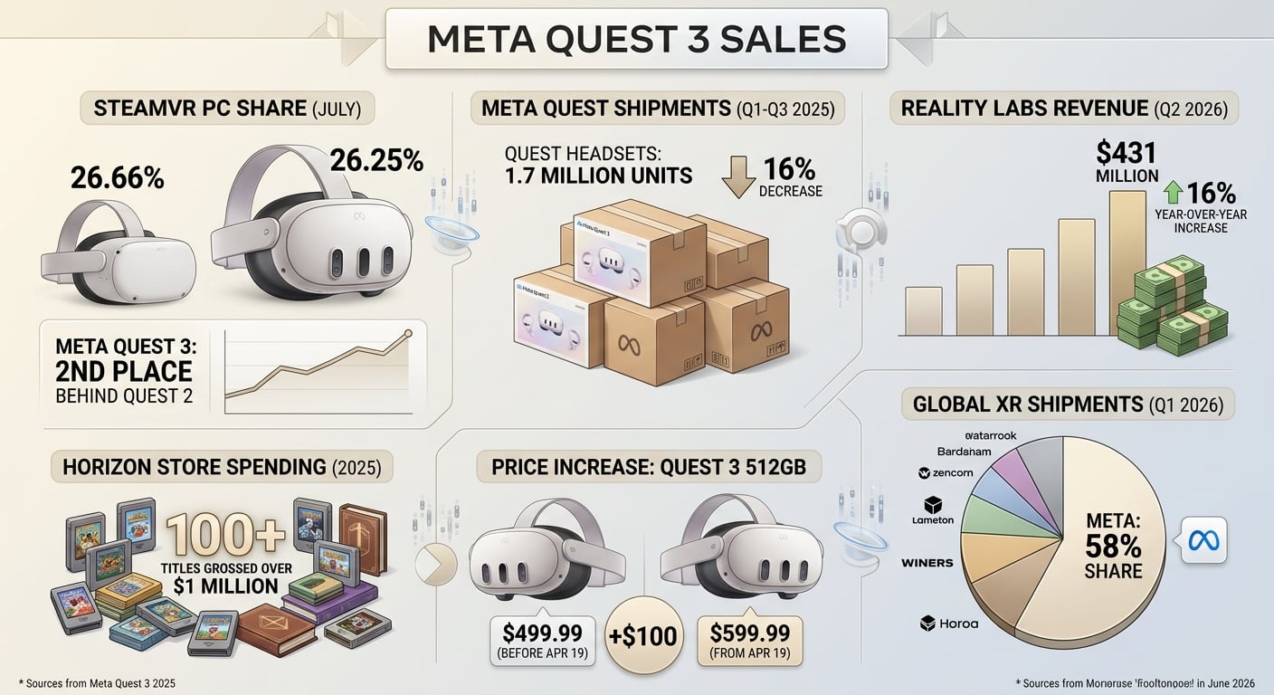 Meta Quest 3 sales statistics for 2026 showing 26.25% SteamVR headset share, a $599.99 price after April's $100 increase, 1.7 million units shipped, and $431 million Reality Labs revenue.