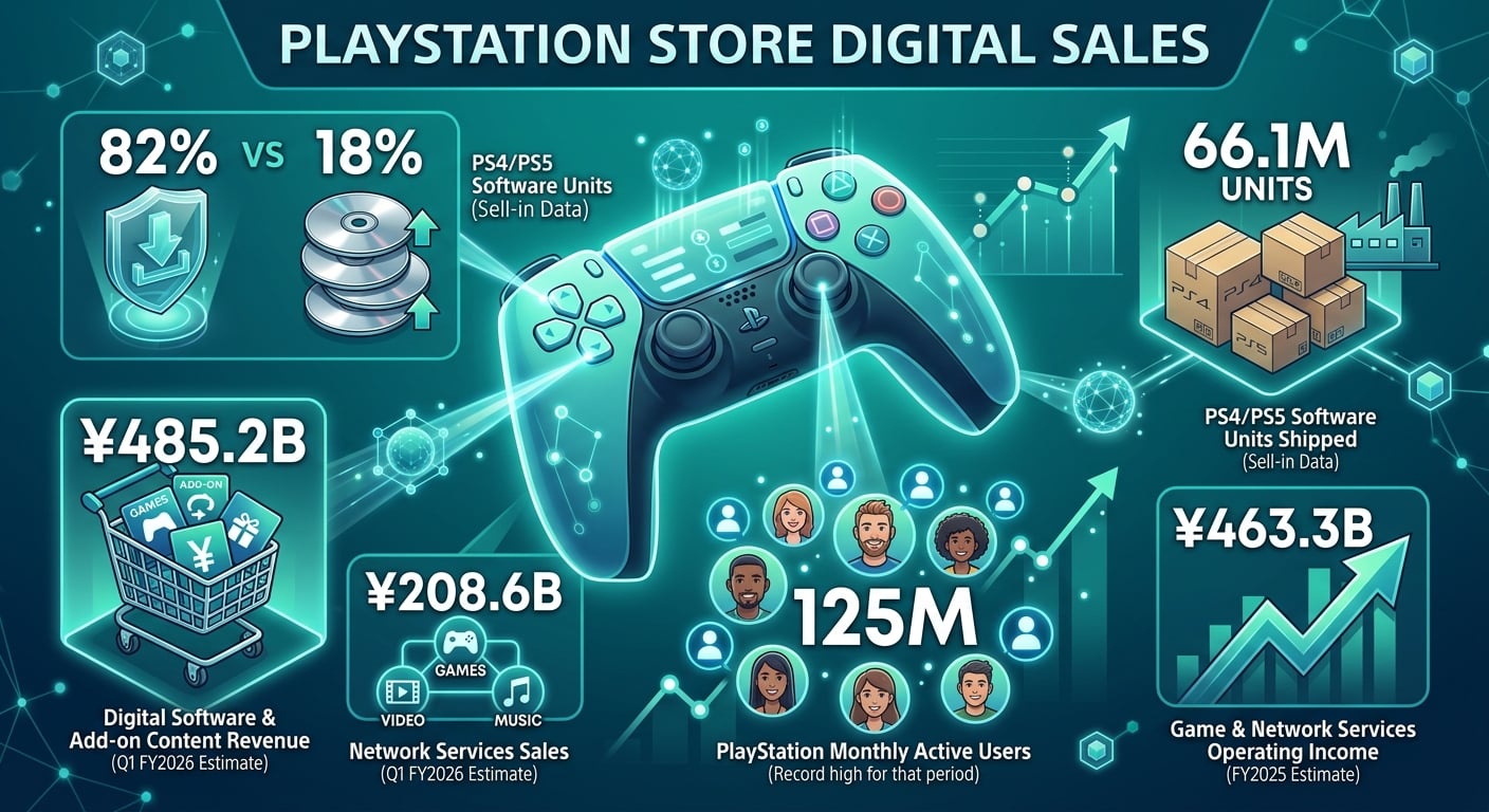 PlayStation Store digital sales statistics 2026 charts showing 82% download ratio, digital software and add-on revenue, network services sales, software unit shipments, monthly active accounts and PS5 shipments.