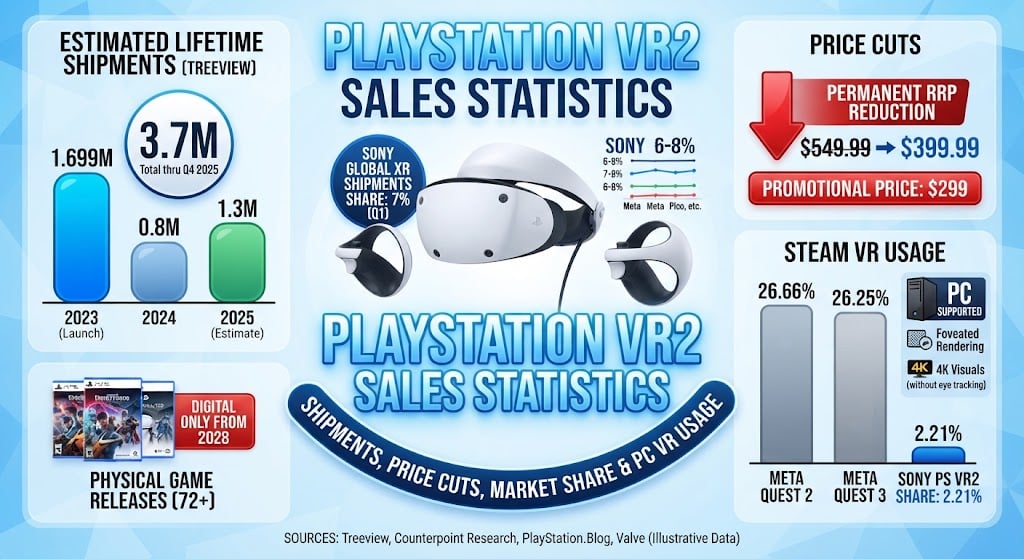 PlayStation VR2 sales, shipments, pricing, and Steam VR usage statistics in 2026.