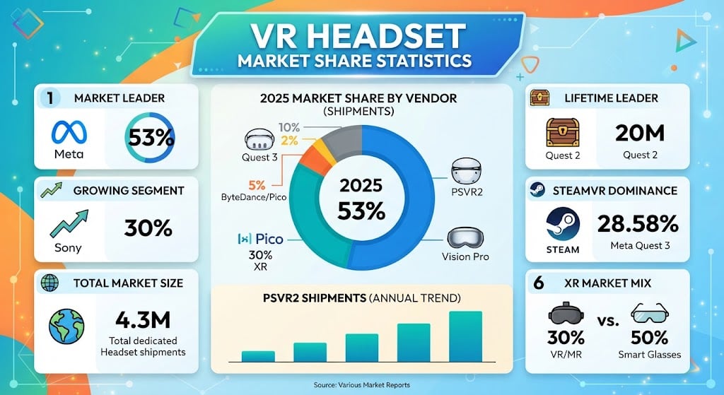 VR headset market share by brand showing Meta leading 2025 shipments with Sony in second place.