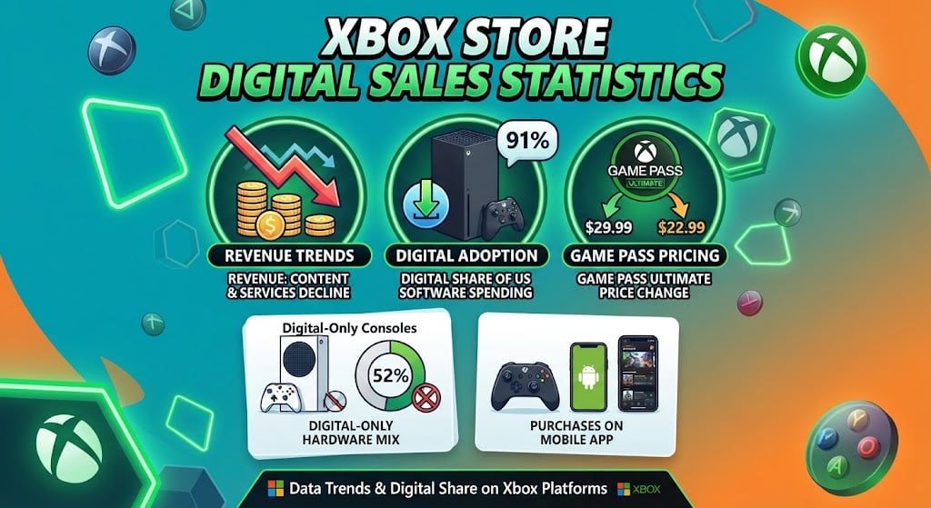 Xbox Store digital sales statistics for 2026, including Microsoft revenue trends, digital purchase share, Game Pass pricing changes, and Xbox hardware data.