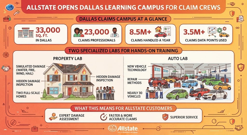 Allstate has opened a 33,000-square-foot claims training campus in Dallas, giving 23,000 claims professionals hands-on practice with property damage, vehicle repairs and emerging auto technology.