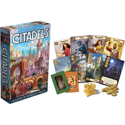 Citadels card game components spread out, showing the tarot-sized character cards for the nine ranks, district cards, plastic gold coins, resin crown and rank-ordered character tokens.