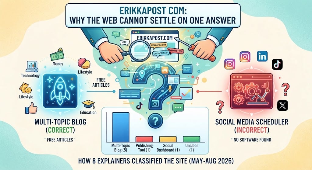Erikkapost.com website overview showing conflicting descriptions and unclear online identity.