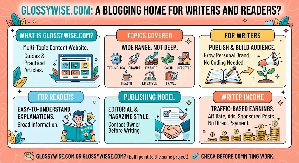 Glossywise com overview comparing its blogging features, content categories, and publishing options for writers and readers.
