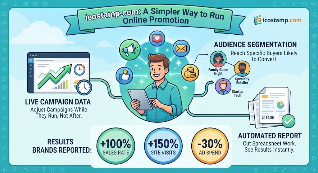 icostamp.com digital marketing dashboard showing campaign analytics, audience targeting, and online promotion tools.