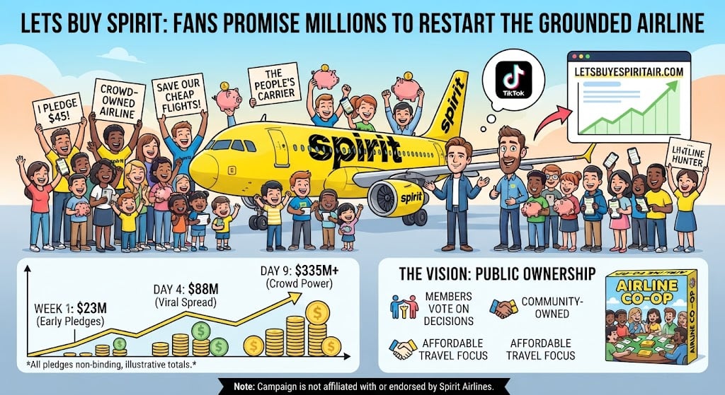 Lets Buy Spirit campaign showing non-binding pledge growth and overview of the fan effort to revive Spirit Airlines.