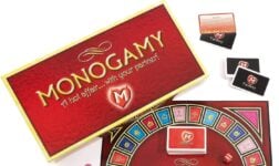 Monogamy board game review showing the game board, cards, pieces, rules, Passion Levels, and two-player gameplay.