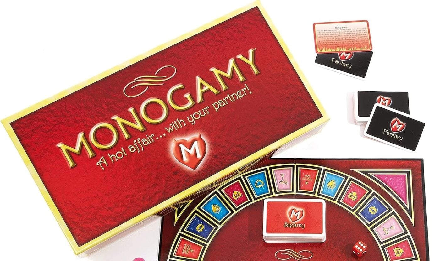 Monogamy board game review showing the game board, cards, pieces, rules, Passion Levels, and two-player gameplay.