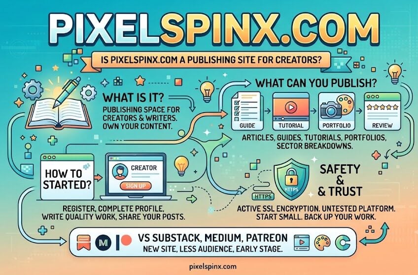 Pixelspinx creator publishing platform homepage with articles, guides, and portfolio features.