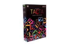 Tacta board game review covering its card-based shape-matching mechanics, components, player count, setup, placement rules, scoring system, pros and cons, pricing, recommended audiences, and comparisons with similar spatial strategy games.