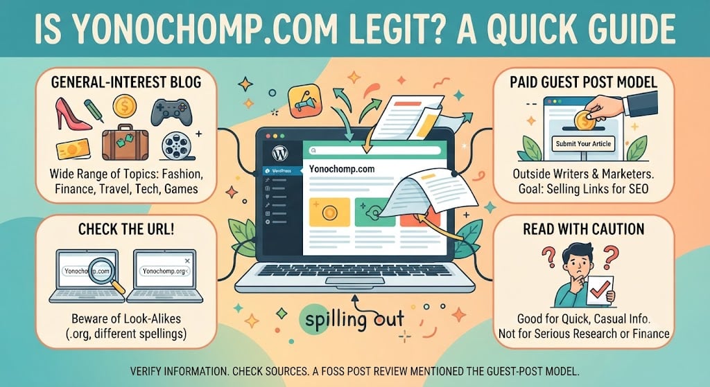 Yonochomp.com legitimacy review showing its topics, guest posting model, and trust overview.