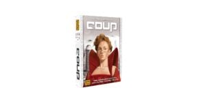 Coup board game review showing components, bluffing mechanics, character roles, rules, player count, gameplay time, pros and cons, and similar deduction games.