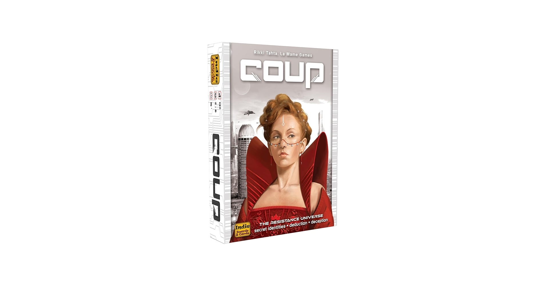 Coup board game review showing components, bluffing mechanics, character roles, rules, player count, gameplay time, pros and cons, and similar deduction games.